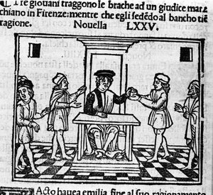 フィレンツェの審判の場面。イタリアの作家、ジョヴァンニ・ボッカッチョ（1313-1375）の『デカメロン』のニュース75（8日目の新5）の挿絵。ヴェネツィア、Bartolomeo de 