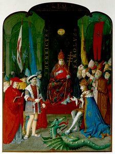 ローマ法王レオ 10 世の前でカール 5 世と論争中のヘンリー 8 世。