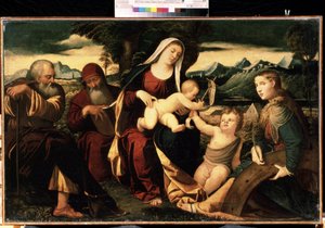 ""The Holy Family with John the Baptist"" (洗礼者ヨハネとの聖家族) 彼らと一緒にアレクサンドリアの聖カタリナと聖ヒエロニムスが表されています。 16世紀末のイタリア派の絵画。 ミハイル・クロシツキー美術館、セバスト