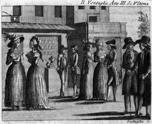 カルロ・ゴルドーニ（1707-1793）の喜劇作品「Il ventaglio」（1764年）の第3幕の最後の場面。18世紀のエングレーヴィング 作： Italian School