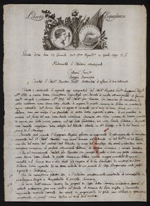 イタリア語で書かれた手紙、ブルータスの頭部、ガイウス・ムシウス・スカエヴォラの燃える手、フランス革命の標語が描かれている。 作： Italian School