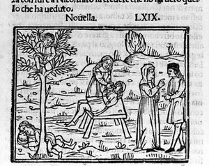 不倫妻のリディアは、ピッロの腕の中で夫に驚かれる。イタリアの作家、Giovanni Boccaccio dit Jean Boccaccio（1313-1375）の『デカメロン』のニュース69（7日目の新9）の挿絵。デカメロン・ウアー・チェントの」のエングレーヴィング
