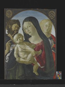 洗礼者聖ヨハネと聖マグダラのマリアとマドンナと子供 (木のテンペラ) 作： Italian School