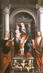 洗礼者聖ヨハネから薔薇を受け取る聖母子、聖人と天使、M.B.(モノグラム) 作： Italian School