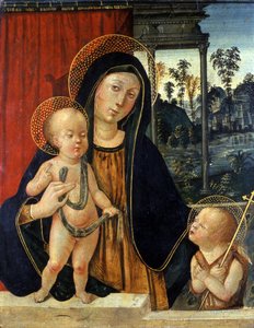 洗礼者ヨハネとマドンナと子供、1500年頃（ポプラの木のテンペラ） 作： Italian School