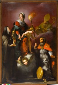 子供と聖人の聖母クレア、アンブローズとエラスムス、1625年 作： Italian School