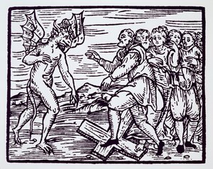 19世紀後半に出版された「歴史の魔法」で使用された、キリストを放棄した男性の魔女、Mr Guaccius Fr M著、Completium Maleticarumからのイラストのコピー、ミラノ1608