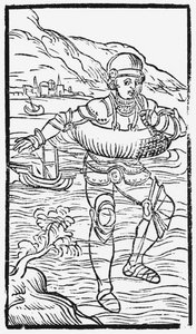 1555年にローマで出版された、オラウスマグナス（1490-1558）による北方民族の歴史からのライフリングを持つ男、1555年