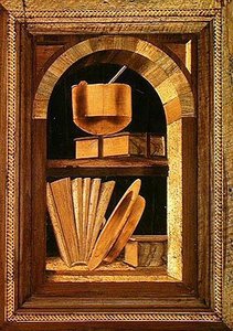 本のある静物の寄木細工のパネル（木） 作： Italian School