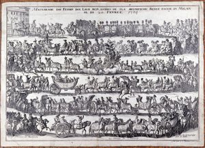 マスカレード：カーニバルの際の仮面をつけた人々の行列と踊り。ミラノ 1764年02月20日 18世紀のエングレーヴィング 作： Italian School