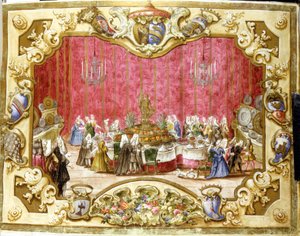 ゴンファロニエ・ザンベッカリの司法への献身を称えて与えられた食事。1720.ボローニャ、Archivio di stato. 作： Italian School