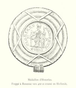402年頃にラヴェンナで鋳造され、オランダで発見されたホノリウスのメダイヨン（彫刻 作： Italian School