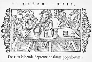 男性の飲酒、イラスト、北部の説明、オラウス・マグナス（1490-1558）、1555年にローマで出版 作： Italian School
