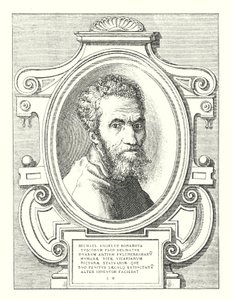 Michael Angelus Bonarota Tuscorum Flos Delibatus Duarum Artium Pulcherrimaru Humanae Vitae Vicariarum Picturae Statuariae Que Suo Penitus Saeculq Extinctaru Alter Inventor Faciebat (e.g. engraving) 作： Italian School