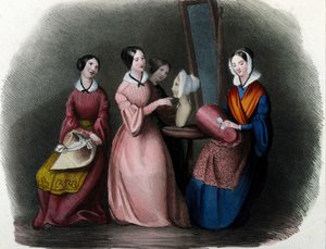 ミラノのメティエ：若い女性が帽子を作っていた。1830年、ロカルノの刻印。 作： Italian School