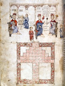 1175年に作成された法律文書 "Ecloga Legum "のミニチュアページ。登場人物は左からユスティニアヌス1世（482〜565年）、レオ1世（457〜474年）、コンスタンティヌス1世（270/288〜337年）。ベニス、bibl.Marciana. 作： Italian School