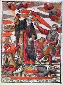 聖アントニオ大王の奇跡、毒された男を治す（色の木版画） 作： Italian School