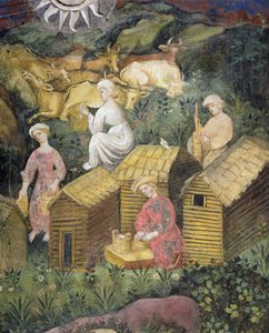 山の牧草地。 牛の搾乳とチーズ作り（フレスコ画） 作： Italian School
