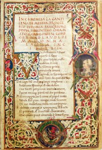 Ms.392 fol.1 ペトラルカの「ソネッティ、カンツォーニと凱旋門」より、ラウレを讃える歌 作： Italian School
