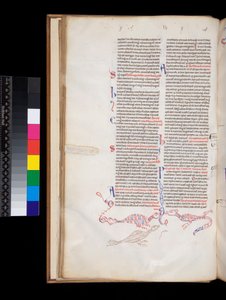 164枚目Peter Lombar, Sententiae, f.15v. ベース・デ・ページのペンワークによる装飾は、鳥と竜のハイブリッドに発展しています。 作： Italian School
