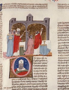ミス183、f.312r:De consecratione」、「Decreta cum Apparatu Ioannis Andreae Laurentii」の細密画（ベラム製）。