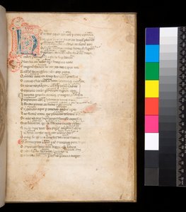 Ms.315ホレス『アルス・ポエティカとエピストゥーレ』f.1r.青と赤で装飾されたイニシャル[N]、赤で装飾されたインフィルと周辺のペンワーク 作： Italian School