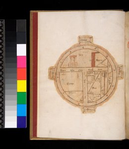 Ms.315ホレス『アルス・ポエティカとエピストゥーレ』f.1v.T-O 世界地図、エルサレムを表す塔を含む