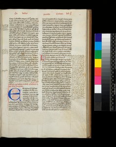 Ms.342カエサル、オペラ、f.38r.青色のイニシャル[E]と赤色のペンで描かれた装飾 作： Italian School