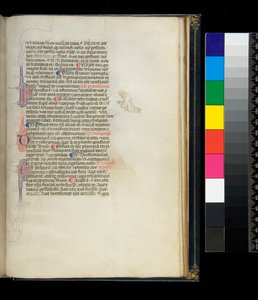 Ms 373. Pseudo-Cicero、Rhetorica ad Herennium、およびその他の作品、f.50r。ペンで飾られたイニシャルと、ひざまずく裸足の僧侶を表す余白のペン細工の装飾、c.1337