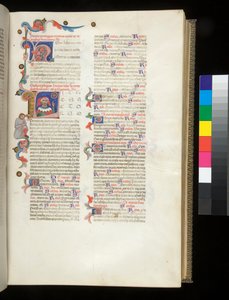 Ms.390です。若き日のセネカ『オペラ』、長き日のセネカ『Excerpta controversiarum』f.95r.居住者のイニシャル[L]、縁取りに「運命の輪」と伏せた男性像を指差すセネカの肖像がある 作： Italian School