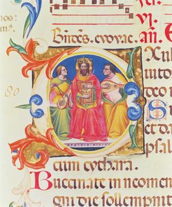 Ms. 559 f.155vパイオロソルディーニ（fl.1342-86）1379に照らされた、サンタマリアノヴェッラの詩篇からのダビデ王と2人の天使を描いた歴史的な頭文字O 作： Italian School