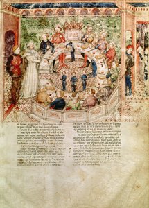Ms Fr 343 fol.3サーガラハッドがクエストデルサングラールからc.1380-85から円卓に迎えられました 作： Italian School