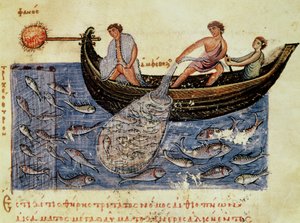 Ms Grec 479ネットでの釣り、オピアンのハリューティカからのイラスト（ベラムのテンペラ） 作： Italian School