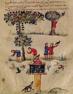 Ms Grec 479 Hunting for Birds、イラストはおそらくIxeutikaのOppian（ベラムのテンペラ）によるもの