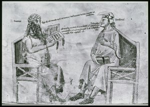 Ms Lat 6823 fol.2 Averroes（1126-98）と斑岩（c.232-c.305）との会話（ペンとインク、紙で洗う） 作： Italian School