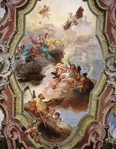 木星、ジュノ、ミューズと父の時間の神話のシーン 作： Italian School