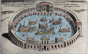 ローマの円形劇場で行われた海戦「ナウマチア」。 作： Italian School