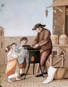 ナポリの小口商人：栗売り - （昔の商売：栗売り） 19世紀の水彩画 - ナポリ サン・マルティーノ国立博物館 作： Italian School