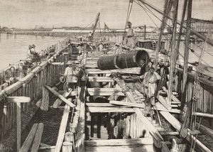 イタリア、ラグーンに水路を敷設するヴェネツィアの新水道橋、リエラの図面からのエングレーヴィング、『L