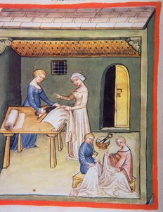 Nova 2644 fol.105v The Tailors Shop：Clothes of Linen、from Tacuinum Sanitatis 作： Italian School