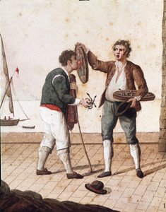 Old Neapolitan metiers: sellers of small snakes - (ナポリの古い商売：草の蛇売り) 19世紀の水彩画 - ナポリ Museo Nazionale di San Martino