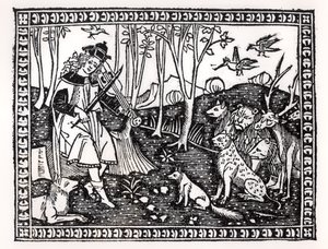 動物と遊ぶオルフェウス、1500（木版画）（bw写真） 作： Italian School