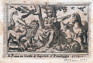 動物と戯れるオルフェウス。(木版画 作： Italian School