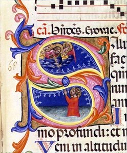 P 68 V 水の中で天使に祈る男性聖人を描いた歴史的なイニシャル「S」、イタリア語 作： Italian School