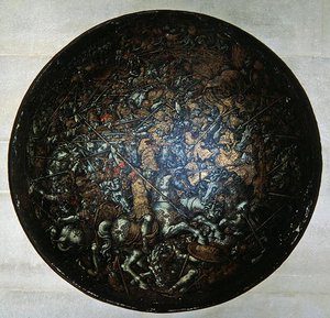 ローマ時代のシーンを描いたページェントシールド（塗装済み木材）
