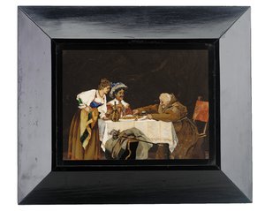 19世紀後半、フィレンツェのメネガッティにある女性が出席する夕食の席での騎兵と僧侶を描いたパネル（ピエトラデュラ） 作： Italian School