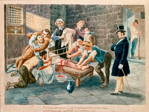 愛国者でカルボネリア（カルボナリズム）のメンバーであったピエトロ・マロンチェリ（1795-1846）は、モラヴィア地方のシュピルベルク要塞の懺悔室に投獄されていた際に足を切断した。19世紀の版画 リソルジメント美術館、ミラノ 作： Italian School