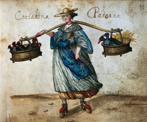 中庭の動物を籠に入れている農民 パドヴァの女性農民 16世紀のカラーイラスト 作： Italian School
