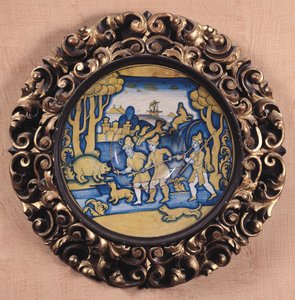 狩猟シーンで飾られたプレート、Deruta Workshop、c.1540-45（maiolica） 作： Italian School