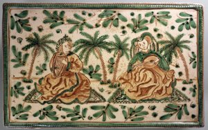 ヤシの木立の中の音楽家が描かれたプレート、フリードリヒ2世の時代をイメージした装飾、陶磁器、30cm、イタリア、シチリア、カルタジローネ、アレッシィ社製、20世紀 作： イタリア語学校